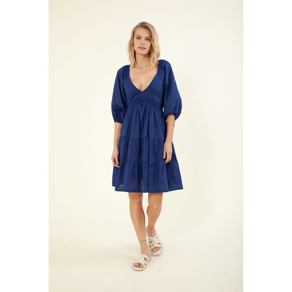 Hale Bob Blue Smocked Tiered Mini Dress with Bishop Sleeves